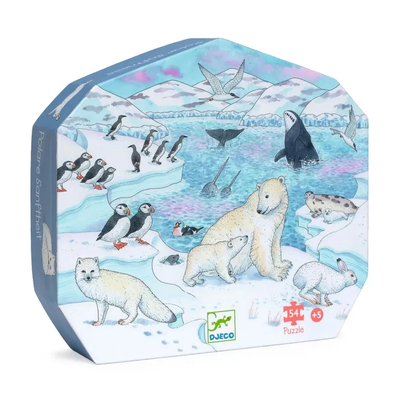 Puzzle 54 pièces Douceur polaire, silhouette DJECO 7294, scène arctique avec ours, manchots et animaux marins.