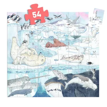 Puzzle 54 pièces Douceur polaire, silhouette DJECO 7294 représentant des animaux marins et polaires dans un paysage glacé.