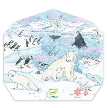 Puzzle silhouette DJECO 54 pièces « Douceur polaire » montrant des phoques, ours polaires et pingouins sur un paysage arctique enneigé.