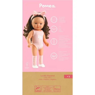 Poupée POMEA Lovely Roxane de Djeco, ensemble rose élégant et ballerines, emballage rose et kraft, affichage produit +3 ans.