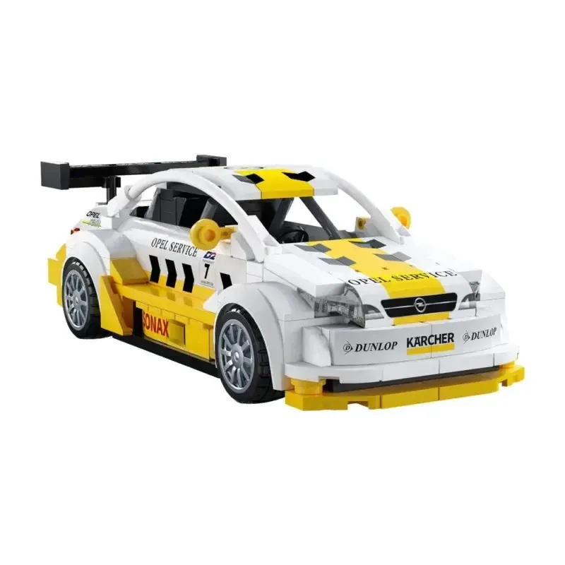 Voiture de course miniature Opel Astra V8 coupé en briques, couleur blanche et jaune, sponsorisée, avec aileron et pare-chocs. 305 pièces.