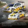 Astra V8 coupé et miniaturisée, voitures voitures de course CaDA Opel Service jaune et blanche avec sponsors, sur track.