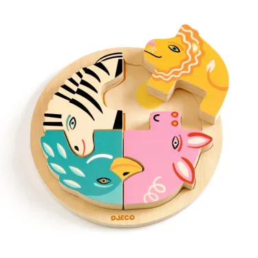 Puzzle dino en bois rond DJECO 1107 Rondo Leo avec 4 pièces, zèbre, girafe, poulet et cochon colorés.