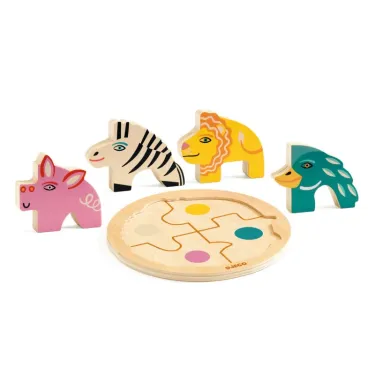 Puzzle en bois 4 pièces Rondo Leo DJECO 1107 avec disque de puzzle et animaux colorés (lion, zèbre, cochon, oiseau).