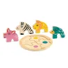 Puzzle en bois 4 pièces Rondo Leo DJECO 1107 avec disque de puzzle et animaux colorés (lion, zèbre, cochon, oiseau).