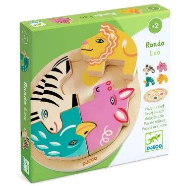 Rondo Leo – puzzle relief en bois 4 pièces DJECO 1107, boîte colorée montrant un lion et des animaux en pièces montées sur socle