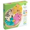 Rondo Leo – puzzle relief en bois 4 pièces DJECO 1107, boîte colorée montrant un lion et des animaux en pièces montées sur socle