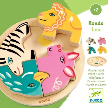 Puzzle relief en bois 4 pièces DJECO 1107, zèbre, lion jaune , oiseau et cochon rose assemblés sur socle en bois.