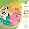 Puzzle relief en bois 4 pièces DJECO 1107, zèbre, lion jaune , oiseau et cochon rose assemblés sur socle en bois.