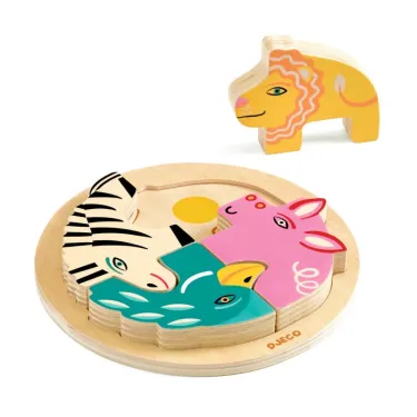 Puzzle en bois Rondo Leo Djeco 4 pièces, pièces animales colorées disposées sur un plateau circulaire, avec une pièce lion en bois détachée.
