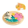 Puzzle en bois Rondo Leo Djeco 4 pièces, pièces animales colorées disposées sur un plateau circulaire, avec une pièce lion en bois détachée.