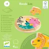Rondo Leo – puzzle relief en bois 4 pièces DJECO 1107, assemblage de pièces animaux colorées sur socle rond, emballage vert clair.