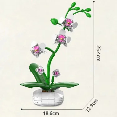 Orchidée articulée en blocs LEGO, 25,4 cm de hauteur et 18,6 cm de largeur, fleurs blanches et roses dans un pot blanc.