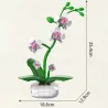 Orchidée articulée en blocs LEGO, 25,4 cm de hauteur et 18,6 cm de largeur, fleurs blanches et roses dans un pot blanc.