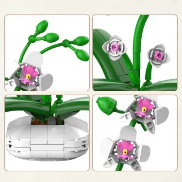 Orchidée CADA: vue en détail des pièces verte et rose, mini-plantes et fleurs en 3D, éléments de construction anti-stress en arrangement floral.