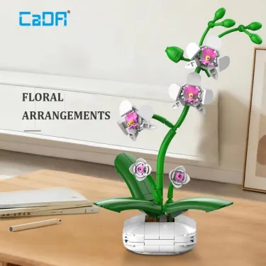 Orchidée CADA 237 pièces – ensemble floral anti-stress: plante artificielle verte avec fleurs roses modulables sur tiges, base blanche.