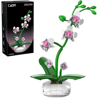 Orchidée CADA 237 pièces : set de construction florale anti-stress avec plante verte et fleurs orchidées blanches et roses, boîte noire au logo CaDA.