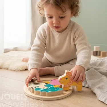 Joueur garçon ou enfant assemble un puzzle en bois 4 pièces DJECO 1107 Rondo Leo, déplaçant un lion jaune sur le plateau.
