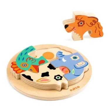 Puzzle en bois 4 pièces DJECO 1105, rond, avec animaux colorés et pièces détachables.