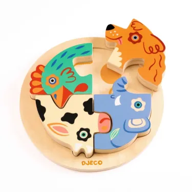 Puzzle en bois 4 pièces Rondo Dog DJECO 1105, rond de base avec pièces animaux à assembler.