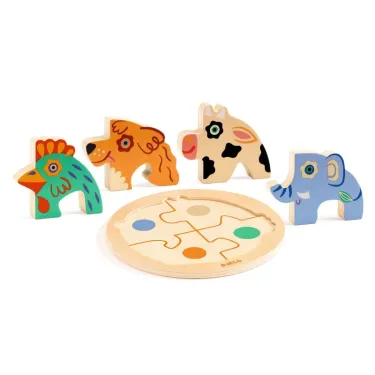 Rondo Dog: puzzle relief en bois 4 pièces DJECO 1105 avec animaux (chien, coq, vache et éléphant) et plateau rond à assembler.