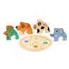 Rondo Dog: puzzle relief en bois 4 pièces DJECO 1105 avec animaux (chien, coq, vache et éléphant) et plateau rond à assembler.