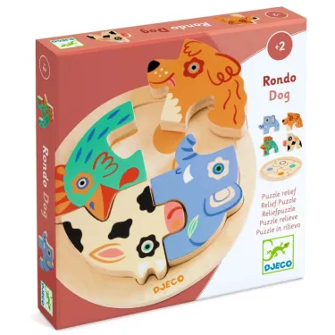 Puzzle en bois Rondo Dog DJECO 1105: quatre pièces s’emboîtent sur un socle rond, représentant 4 animaux multicolore et ludique.