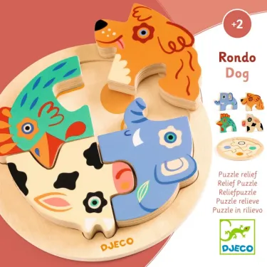 Puzzle en bois 4 pièces “Rondo Dog” DJECO, pièces animalières colorées sur socle circulaire, puzzle relief.