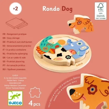 Puzzle Rondo Dog en bois, 4 pièces Djeco 1105, illustration animaux colorés et socle rond.