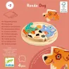 Puzzle Rondo Dog en bois, 4 pièces Djeco 1105, illustration animaux colorés et socle rond.