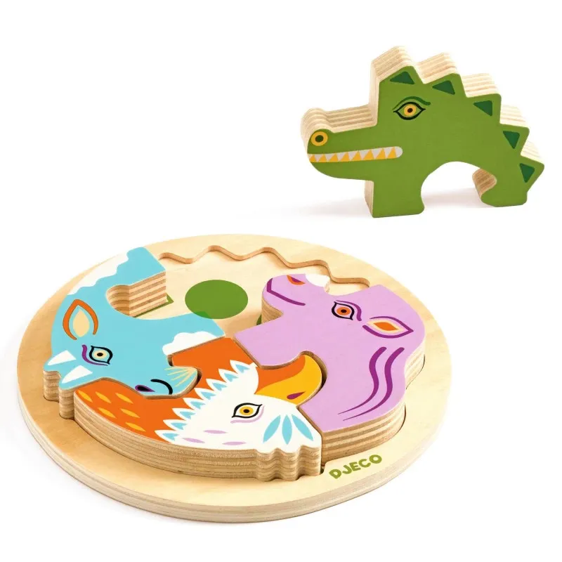 Puzzle en bois 4 pièces Djeco Rondo Croco, animaux colorés sur socle rond, pièce détachable.
