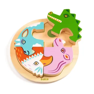Puzzle en bois Rondo Croco 4 pièces DJECO 1106: crocodile, aigle, rhinocéros et chèvre colorés assemblés sur plateau rond.