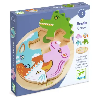 Rondo Croco : puzzle relief en bois 4 pièces DJECO 1106, boîte bleue montrant le crocodile vert au centre et les pièces colorées