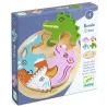 Rondo Croco : puzzle relief en bois 4 pièces DJECO 1106, boîte bleue montrant le crocodile vert au centre et les pièces colorées