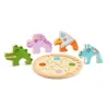 Rondo Croco puzzle relief en bois 4 pièces DJECO 1106 : crocodile, aigle, rhinocéros et chèvre colorés autour d’un plateau rond à pièces de puzzle.