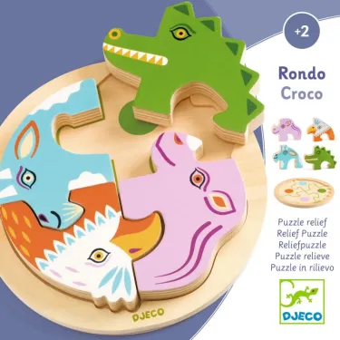 Puzzle relief en bois Rondo Croco DJECO 1106: pièces en forme de crocodile et animaux colorés sur socle circular.