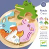 Puzzle relief en bois Rondo Croco DJECO 1106: pièces en forme de crocodile et animaux colorés sur socle circular.