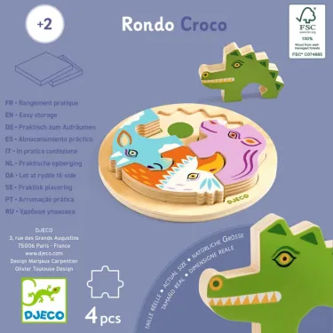 Rondo Croco: puzzle relief en bois 4 pièces DJECO, crocodile en vert, puzzle circulaire coloré avec aigle, rhinocéros et chèvre, coffret 4 pièces
