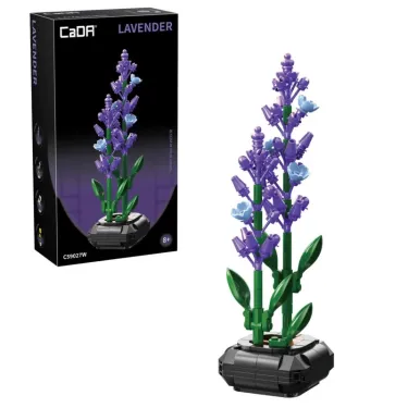Lavande CADA 205 pièces – ensemble de construction florale moderne avec fleurs pourpre et base noire, présentée en boîte.