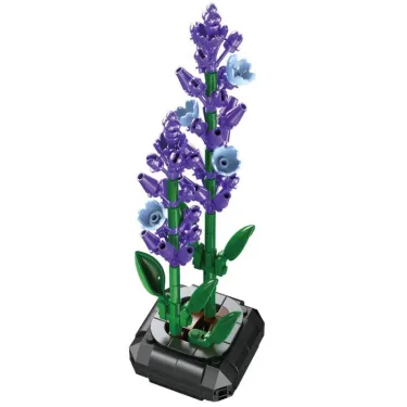 Lavande CADA 205 pièces – ensemble de construction florale moderne avec tiges violettes et feuilles vertes sur socle noir.