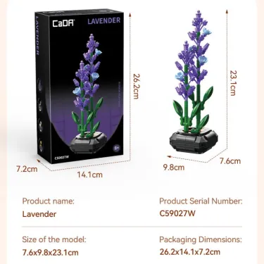 Lavande CADA 205 pièces – ensemble de construction florale moderne avec tiges violettes et base noire, dimensions boite 26,2×14,1×7,2