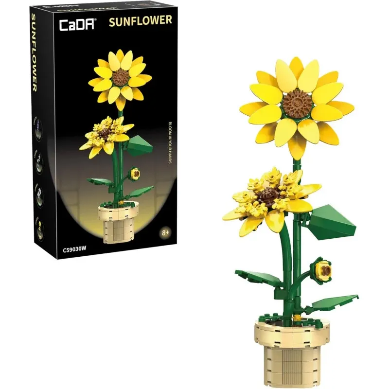Set de construction florale Tournesol CaDA SUNFLOWER, avec fleur jaune éclatante et pot beige, livré en boîte prêt à offrir.
