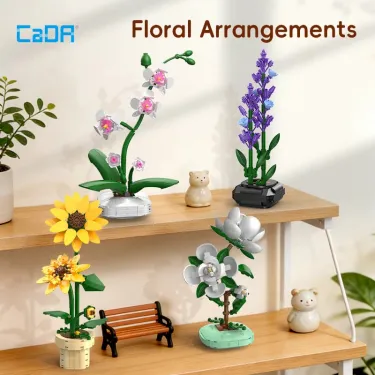Compositions floraless en construction: tournesols et orchidées en mini-briques CADA 187 pièces sur étagère, avec petits animaux décoratifs.