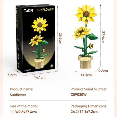Sunflower CADA 187 pièces: boîte noire avec une construction florale jaune dans un pot, dimensions et détails du set affichés.