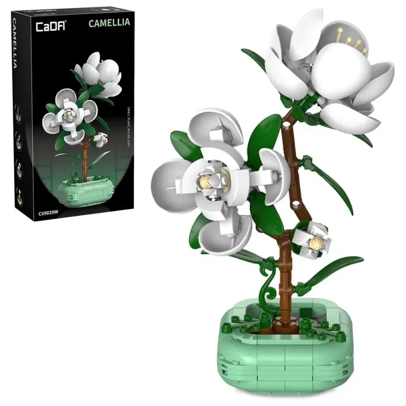 Camellia CADA 301 pièces – ensemble de construction florale déco avec une fleur blanche et vertes sur tige dans un pot pastel.