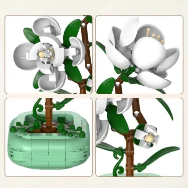 Ensemble de construction floral Camellia CADA 301 pièces en 4 volets: fleurs blanches avec pétales et pistils, feuilles vertes et brunes, pot en forme de verdure, détails de fixation et tiges assorties.