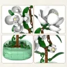 Ensemble de construction floral Camellia CADA 301 pièces en 4 volets: fleurs blanches avec pétales et pistils, feuilles vertes et brunes, pot en forme de verdure, détails de fixation et tiges assorties.