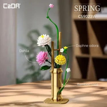 Kit de construction Cada fleurs printemps avec fleurs artificielles colorées (Dahlia, Daphne odorata) et vase en bambou; vase sur socle beige.