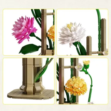 Kit de construction Cada fleurs printemps, ensemble de décorations avec plus de 600 pièces représentant des fleurs colorées et support couleur bois.