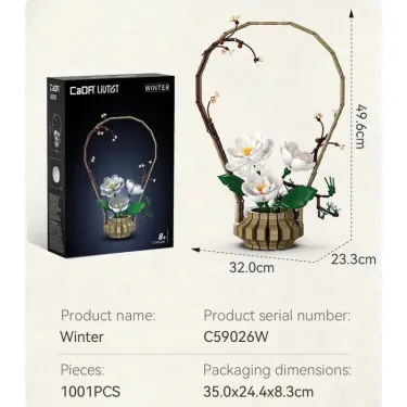 Kit de construction Cada fleurs Hiver avec cadre floral et fleurs blanches, dimensions environ 49,6 x 32 x 23,3 cm, 990 pièces.